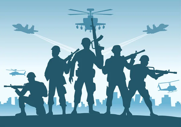Projekt Sylwetki Żołnierza Stojącego Trzymającego Broń Mieście Czasie Wojny — Wektor stockowy