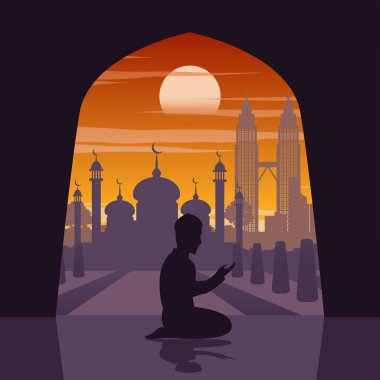 Silhouette of activities of people at famous landmark muslim man pray in mosque in Malaysia