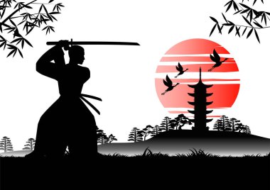 Japon tapınağı yakınlarında samuray eğitimi veren antik bir tasarım.