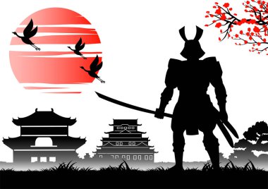 Japon sanatı, imparatorun kalesinin yanında kılıç tutan samuray tasarımı.