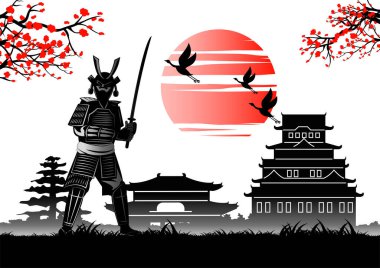 Japon sanatı, imparatorun kalesinin yanında kılıç tutan samuray tasarımı.