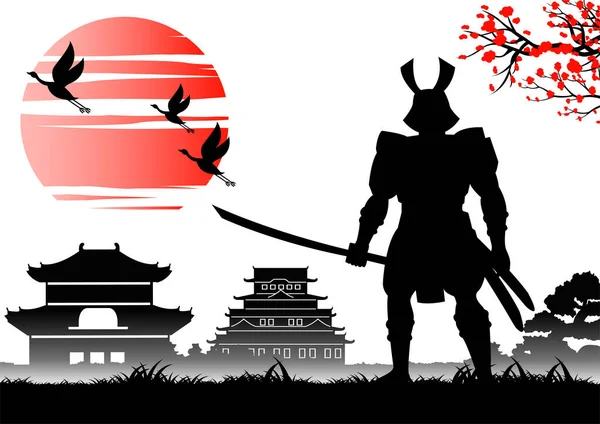 Arte Japonés Con Diseño Antiguo Samurai Sosteniendo Espada Cerca Del — Vector de stock