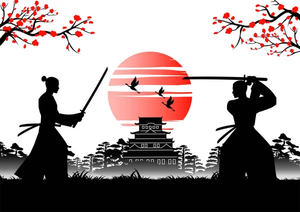Japonské Umění Starobylým Designem Samurajského Cvičného Meče Blízkosti Císařského Hradu — Stockový vektor