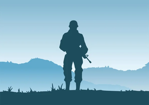 兵士の立ち位置での戦争の背景と軍基地を守るために銃を保持 — ストックベクタ