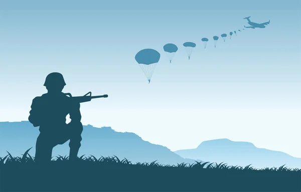 Contexte Guerre Situation Soldat Parachutiste Assis Prêt Tirer — Image vectorielle