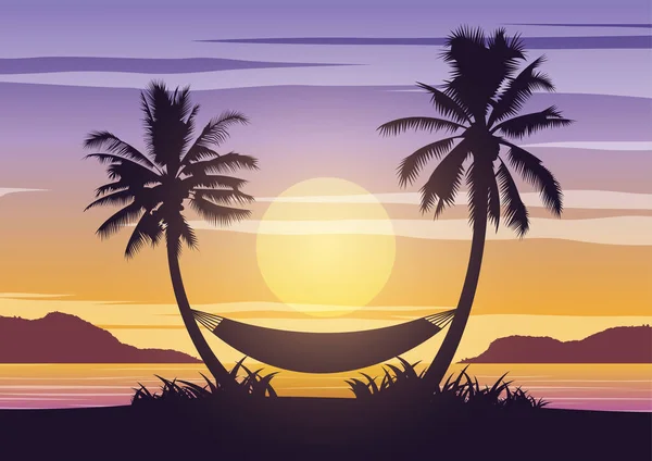 日落时海和有吊床的棕榈树的轮廓艺术设计 — 图库矢量图片