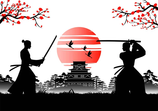 Arte Japonesa Com Design Antigo Samurai Treinamento Espada Perto Castelo Ilustrações De Stock Royalty-Free