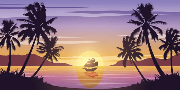 Silhouette Art Design Des Meeres Bei Sonnenuntergang Und Palmen lizenzfreie Stockillustrationen