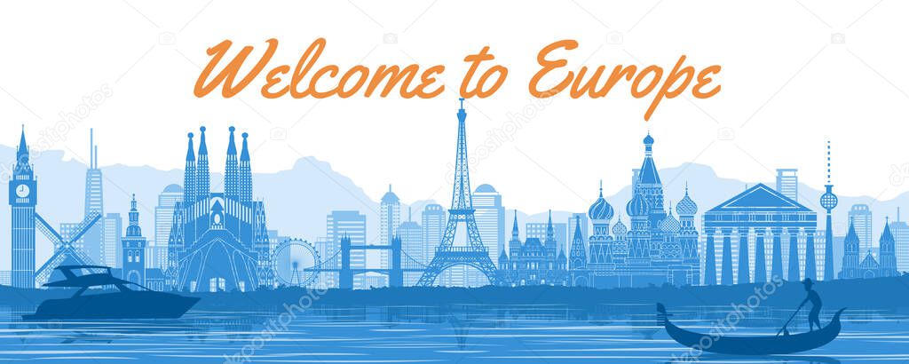 Europe famous landmark with blue and white color design