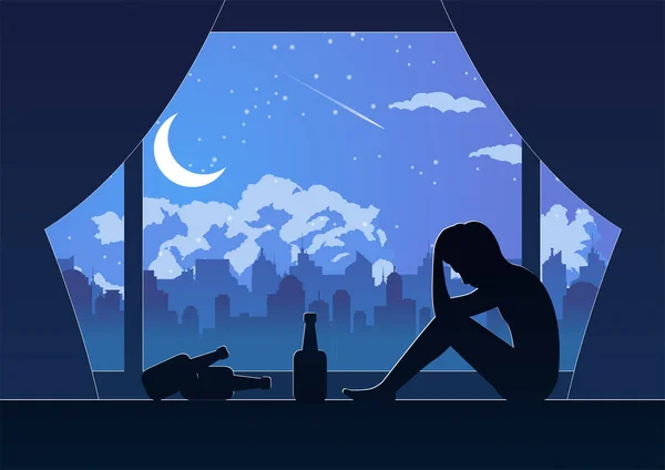 Silhouettenentwurf Eines Einsamen Depressiven Mannes Sitzt Zwischen Einsamer Nacht Seinem — Stockvektor