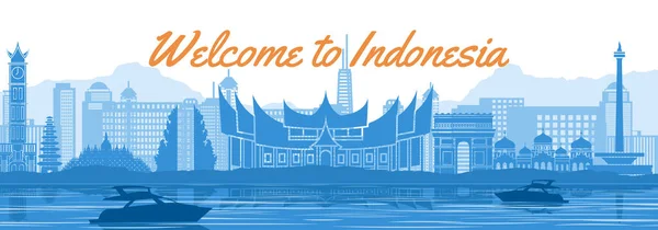 Indonesia Landmark Terkenal Dengan Desain Warna Biru Dan Putih - Stok Vektor