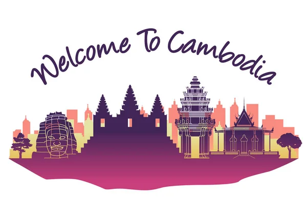 Cambodia Terkenal Dengan Gaya Siluet Dengan Teks Dalamnya - Stok Vektor