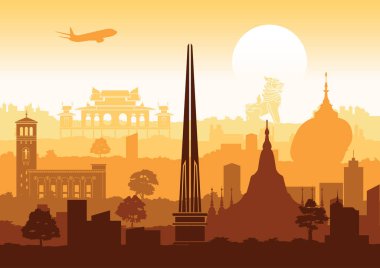 Myanmar ünlü simgeler siluet stili, seyahat ve turizm