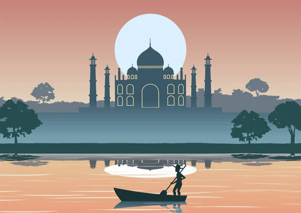 Silhouette Design Man Row Boat River Taj Mahal — Stock Vector