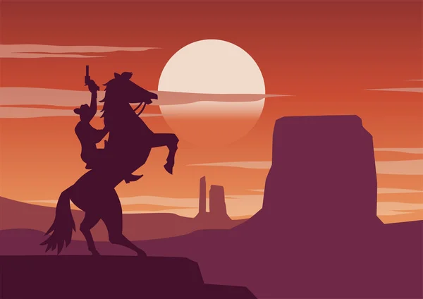 Cowboy Und Pferd Stehen Bei Sonnenuntergang Auf Einer Klippe — Stockvektor