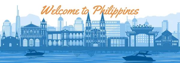 Philippines Famous Landmark Silhouette Style River Boat Front Towers — ストックベクタ