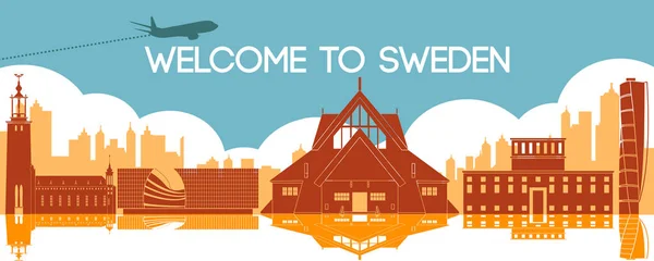 Zweden Beroemde Bezienswaardigheden Door Silhouet Stijl — Stockvector