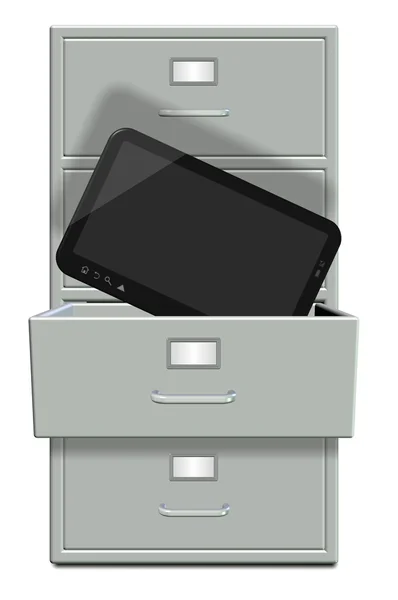 Filing cabinet and computer tablet — Stock Photo, Image