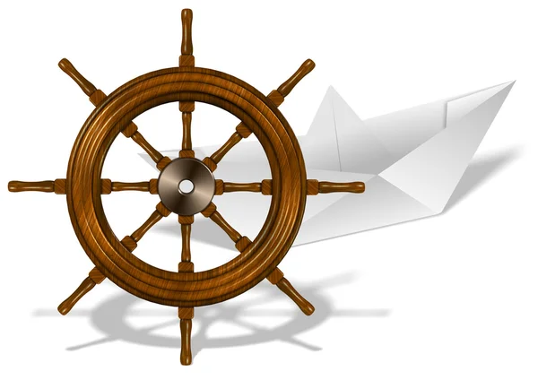 Paper boat and ship wheel Stock Image