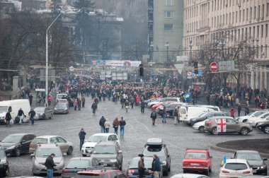 Kiev, Ukraine. Feb 22, 2014. Strike on the Independence square in Kiev. Meeting on the Maidan Nezalezhnosti in Kyiv. clipart