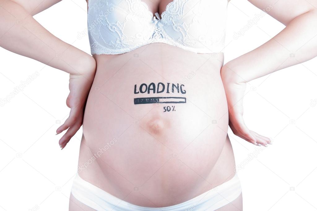 Pregnant belly with loading 50 percent sign isolated Stock Photo