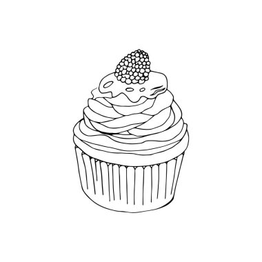 Vektör kek illüstrasyonu. El çizimi kekler. Kremalı ve dutlu kek..