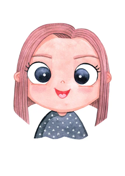 Ręcznie Narysowane Piękne Cute Little Girl Face Ilustracja Akwarela — Zdjęcie stockowe