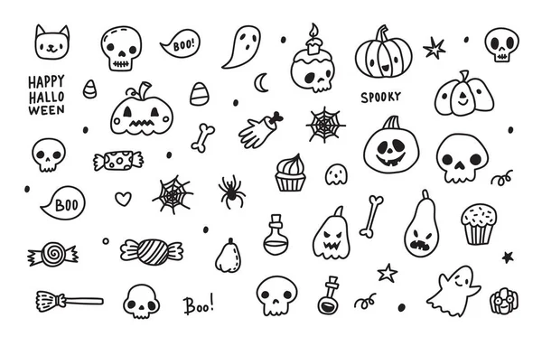 Doodle συλλογή κινουμένων σχεδίων σύνολο εικονίδιο και σύμβολα για την ημέρα του Halloween, απομονωμένο φόντο — Διανυσματικό Αρχείο