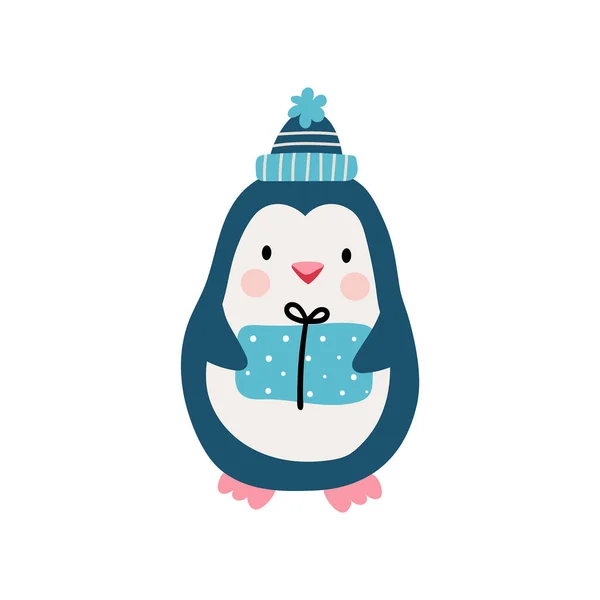 Mignon Pingouin Dessiné Main Avec Cadeau Pour Joyeux Noël Illustration — Image vectorielle