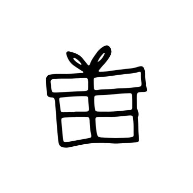 Hediye kutusu el karalama elementini beyazın üzerine izole edilmiş siyah ile çizdi. Vektör illüstrasyonu