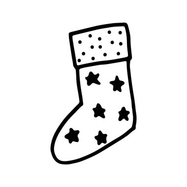 Noel çorabı. Beyaz arka planda izole edilmiş yıldızlı yeni yıl bayramı kış sembolü. Baskı için karalama tasarımı, boyama kitabı sayfaları