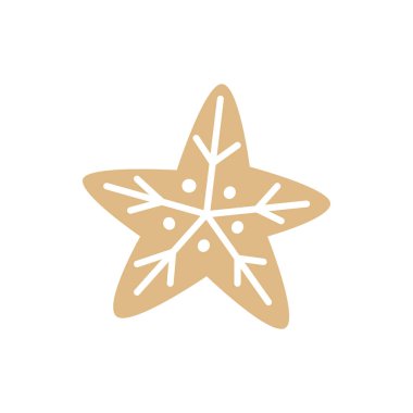 Yıldız şeklinde zencefilli kurabiye ya da çizgi film tarzında şekerli kar tanesi. Beyaz arka planda şenlikli tatlı kurabiye. Ev yapımı bisküvi..