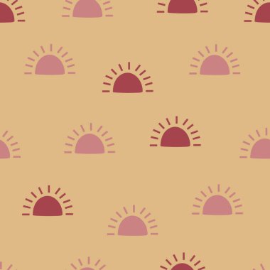 Boho güneşi kusursuz desen. Yazlık bebek baskısı. Sıcak, dünyevi renkler. Güneş soyut modern kumaş tasarımı.