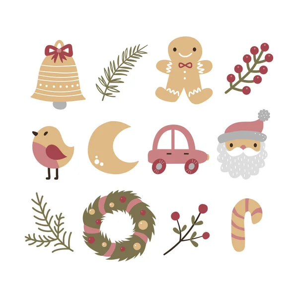 Kerstcollectie met traditionele kerstsymbolen en decoratieve elementen. — Stockvector