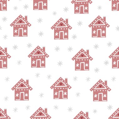 Noel kurabiyeleriyle kusursuz desenli, şirin bir ev. Şirin kış tatili vektör tasarımı xmas arkaplanı.