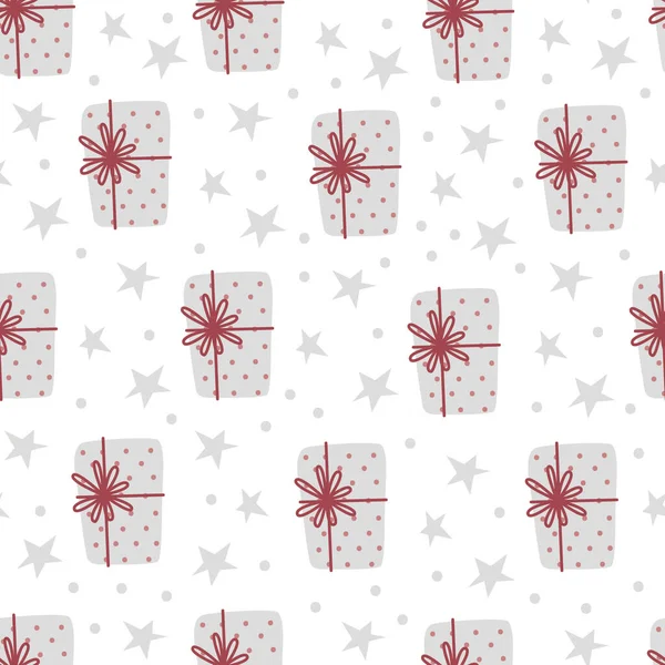 Рождественские подарочные коробки бесшовный шаблон. Уютная зимняя иллюстрация для упаковки бумаги, открытки, ноутбука или ткани. — стоковый вектор