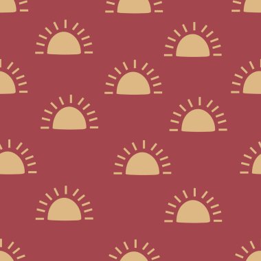 Boho güneşi kusursuz desen. Yazlık bebek baskısı. Sıcak, dünyevi renkler. Güneş soyut modern kumaş tasarımı.