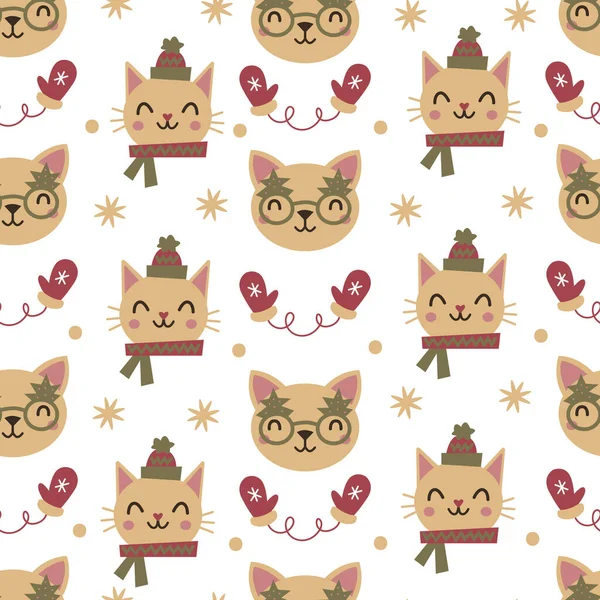 Kerst vector patroon met katten. Handgetekende winter naadloze achtergrond — Stockvector