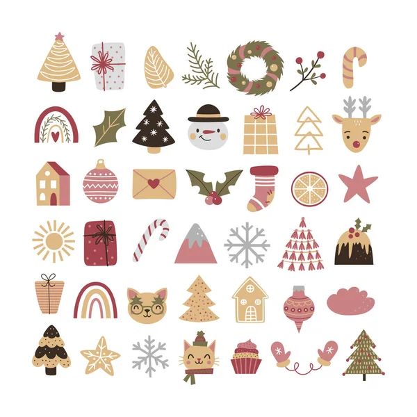 Большая рождественская коллекция с традиционными рождественскими символами и декоративными элементами. — стоковый вектор