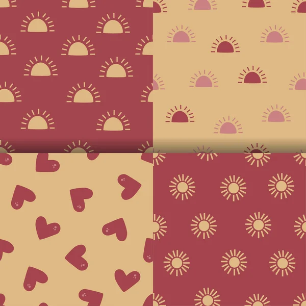 Rainbow sun heart seamless pattern set. Vector hand drawn cartoon background for wrapping paper, textile, wallpaper, prints, fabric. — Stockvektor