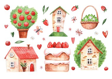 Pastalı, çilekli, çiçekli ve kalpli yazlıkların suluboya çizimi.