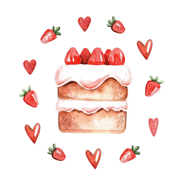 Carte gâteau aux fraises. Illustration aquarelle dessinée à la main, isolée sur fond blanc — Photo