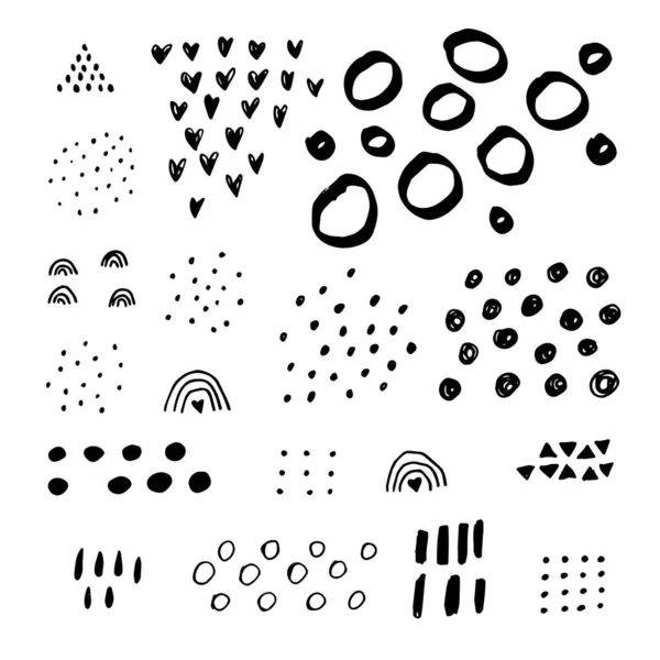 Various Sketchy Doodle Hapes Objects Freehand Black Hearts Curves Dots —  Vetores de Stock