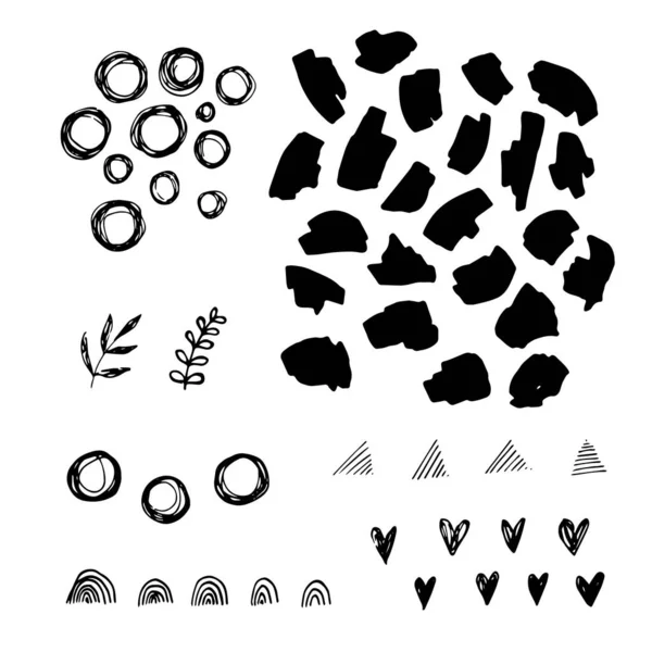 Различные Мелкие Каракули Предметы Черные Сердечки Кривые Точки Спираль Листья — стоковый вектор