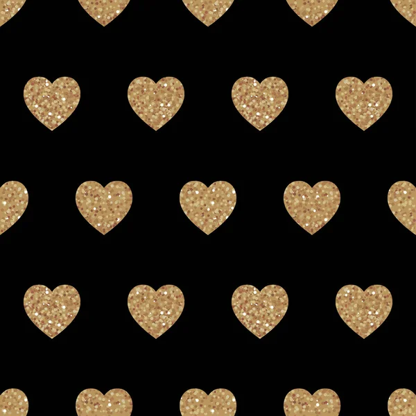 Vector Seamless Pattern Gold Hearts Black Texture Shiny Sparkling Background — Stockvektor