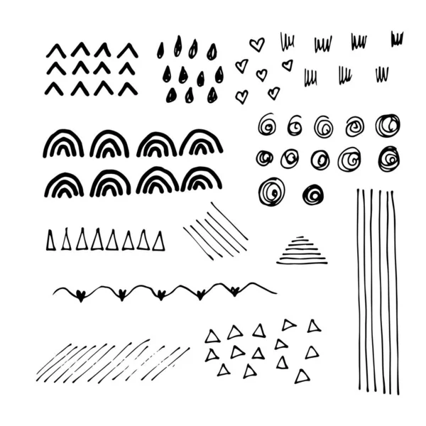Various Sketchy Doodle Hapes Objects Freehand Black Hearts Curves Dots —  Vetores de Stock