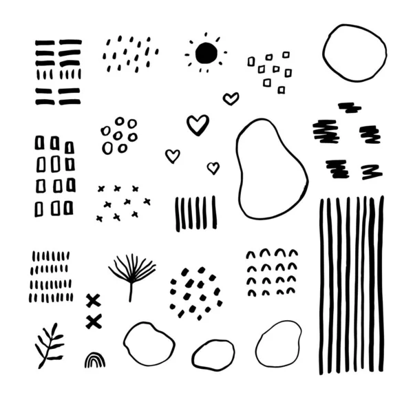 Various Sketchy Doodle Hapes Objects Freehand Black Curves Dots Spiral — Vector de stock