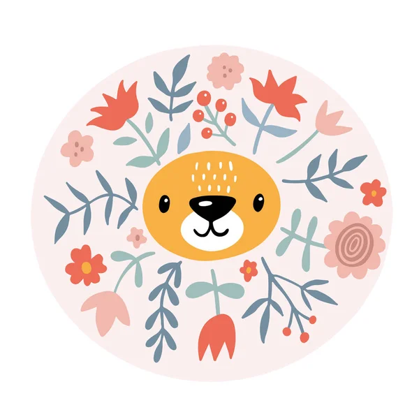 Leão Bonito Com Flores Ilustração Vetorial Moderna Clipart Vida Selva — Vetor de Stock