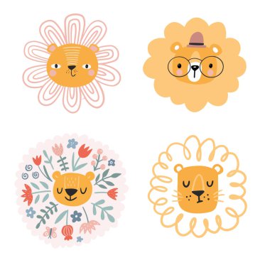Çiçek elementleri olan sevimli aslanlar. Modern vektör çizimi. Orman hayatı zirvesi. Vektör çizimi. Komik karalama hayvanları. 
