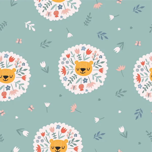 Modern Floral Lion Seamless Pattern Trendy Background Cute Animal Blooming — Stock Vector